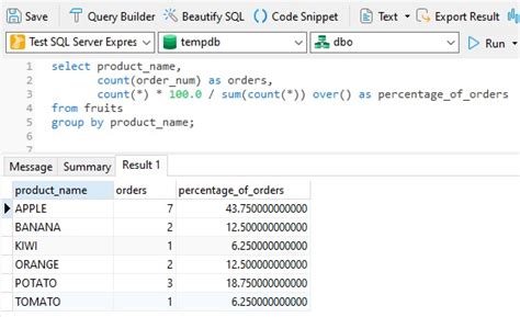 You can then multiply the 2 nd value (count of products grouped by supplier ids) by 100 and then divide the result by the 1 st value (total count of products). . Which sql query can be used to calculate the percentage of contributions from prospects